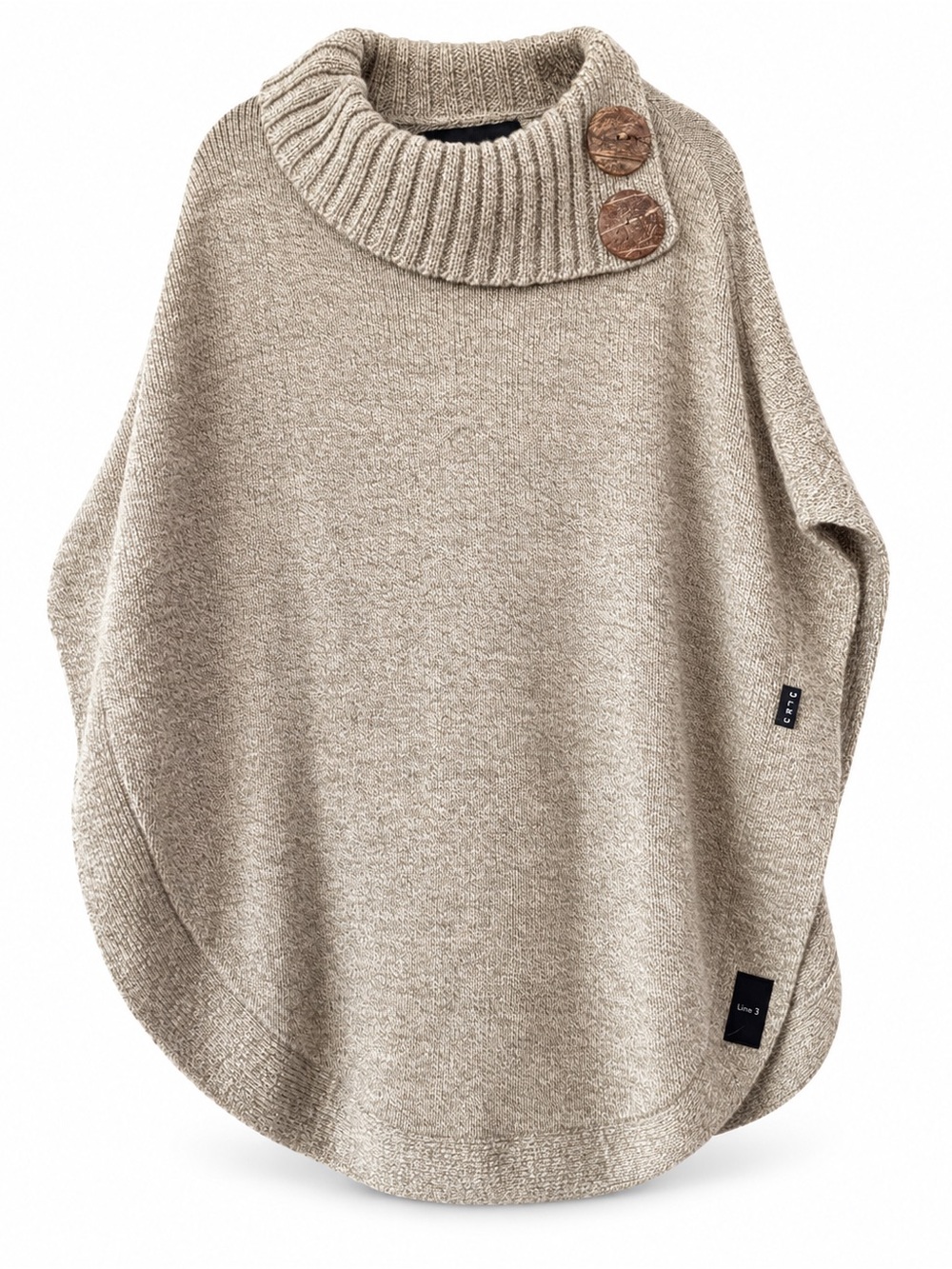 Ribbed Cowl-Neck Taupe Knit Poncho with Button Detail